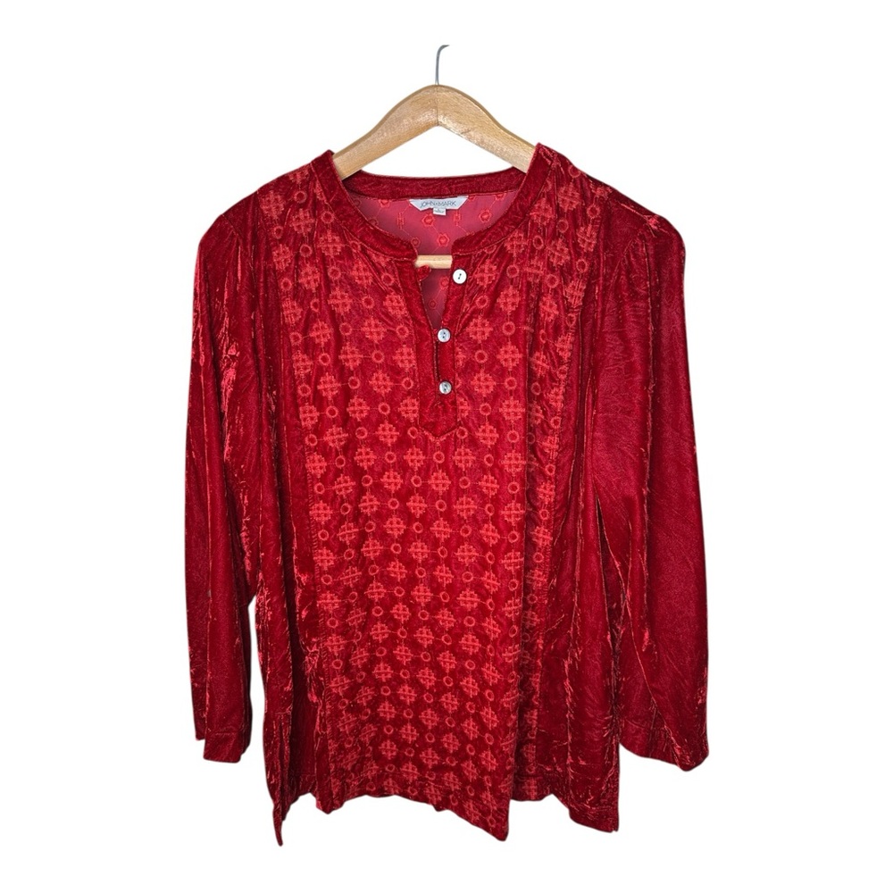 John Mark Velvet Top Size Large Deep Red Tonal Embroidery Roll Tab Sleeves